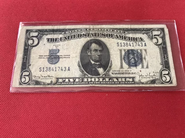 1934 D Blue Seal $5 Five Dollar Silver Certificate .....Lot #24b