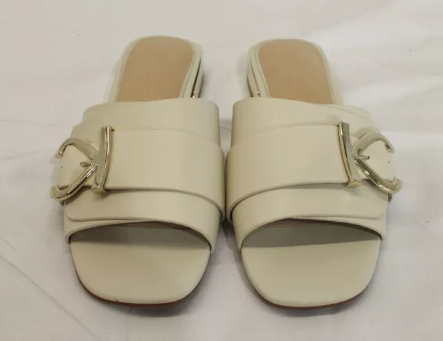 Kenneth Cole Women's Irene Square Toe Slide Sandals LV5 Ecru Leather Size US:7.5 2