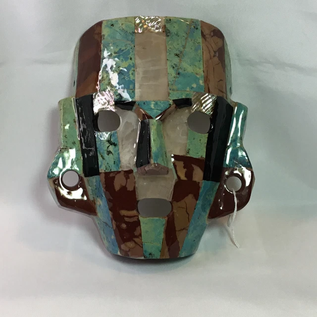 Mayan Aztec Mosaic Turquoise, Onyx, Rose Quartz Tribal Ceremonial Mask Inlay Art