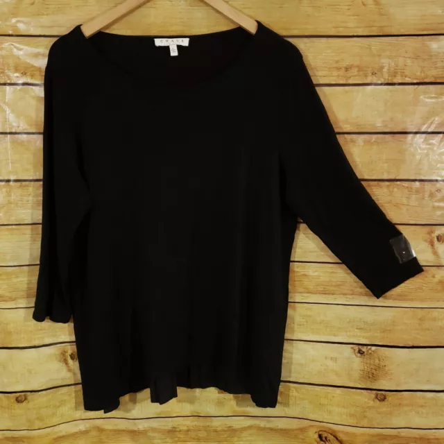 Chaus New York Stretch Women's Sz Large Black Top 3/4 Sleeve Blouse Pleated Back