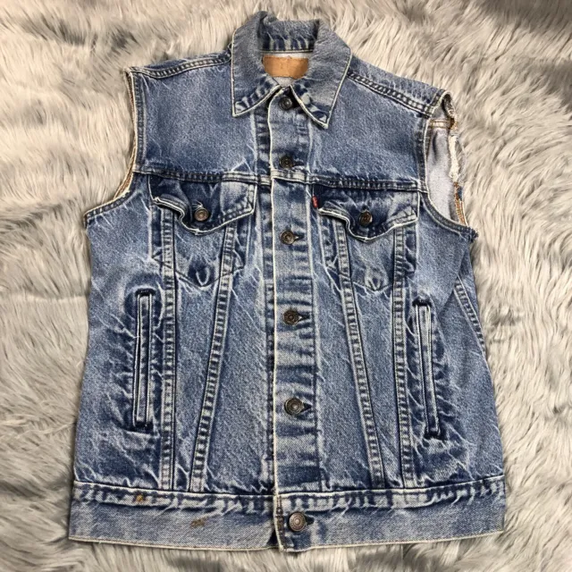 Vintage Levi’s Made USA Blue Denim Cut Off Distressed Worn Button Up Vest