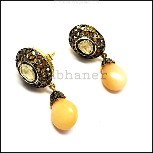 925 Sterling Silver Beautiful Pearl, Polki And Pave Diamond Earring For Gifts