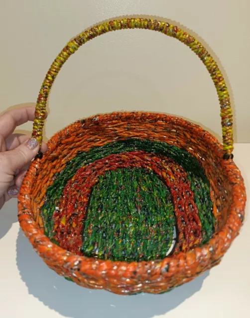 Vintage Unusual Colourful Retro Wire Basket made from Plastic Shopping Bags