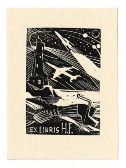 JOSEF WEISER: Exlibris für H. F.  Rakete, Flugzeug, Leuchtturm, 1961