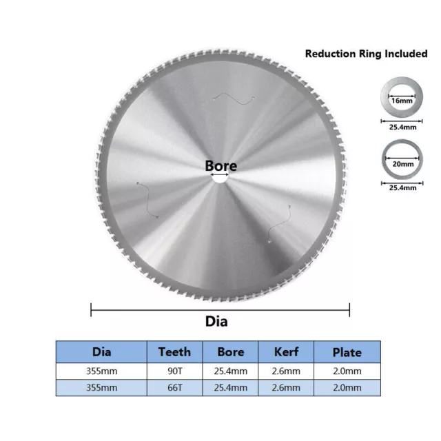 66T/90T Circular Saw Blade Ø355mm Carbide TCT Cutting Metal Steel Bore: 25.4mm