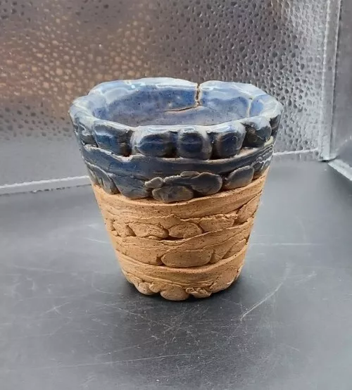 Small Blue Tan Pottery Stone Look Plant Window Ledge Signed Planter