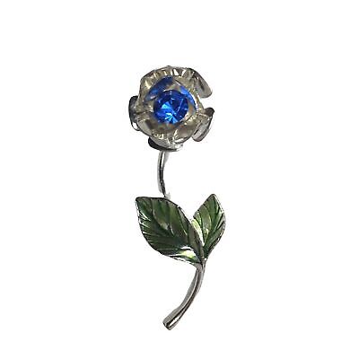Vintage Avon Blue Rhinestone Rose Flower Pin Brooch Silver Tone