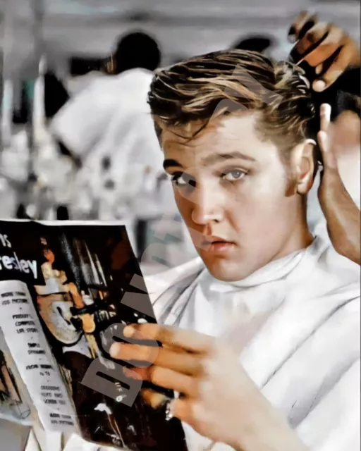 Elvis Presley Getting Hair Cut Reading a Magazine With Him On Cover 8x10 Photo