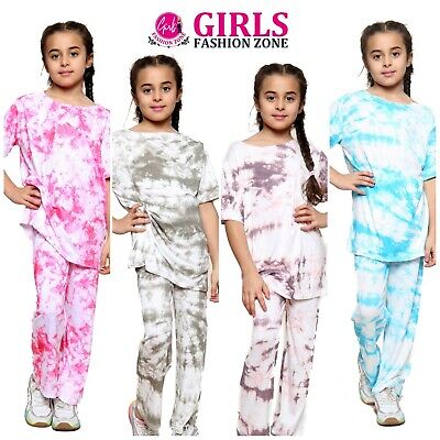 Girls Comfortable Casual Tie Dye Loose Baggy Top & Straight Trousers Outfit Set