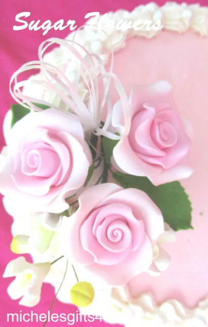 Pasta de goma azúcar pastel rosas rosas rosadas hojas y cinta pastel flores