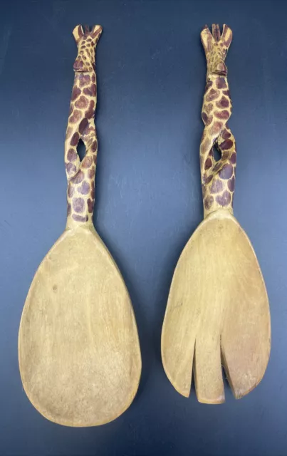 Hand Carved Wooden GIRAFFE Salad Servers Tongs  Fork & Spoon African EUC