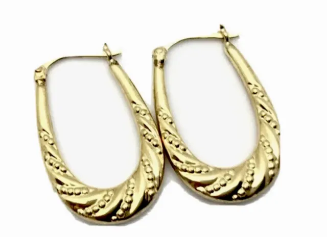 Vintage 9ct Gold PATTERNED 25mm Drop Oval Hoop Earrings