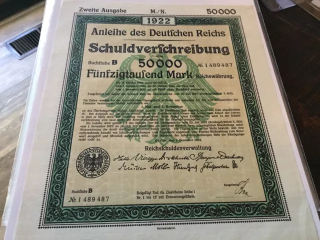 1922 GERMANY WAR BOND 50,000 MARK 8 BY 10  Note 9487