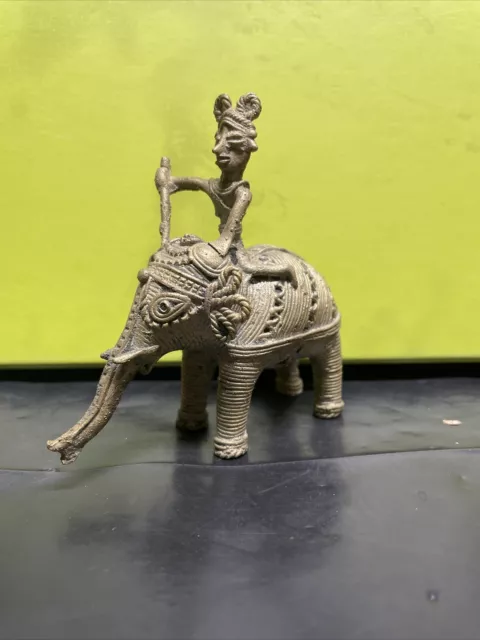 Antique Sand Cast Brass or Bronze Indian Dhokra Mahout Elephant Statue - India