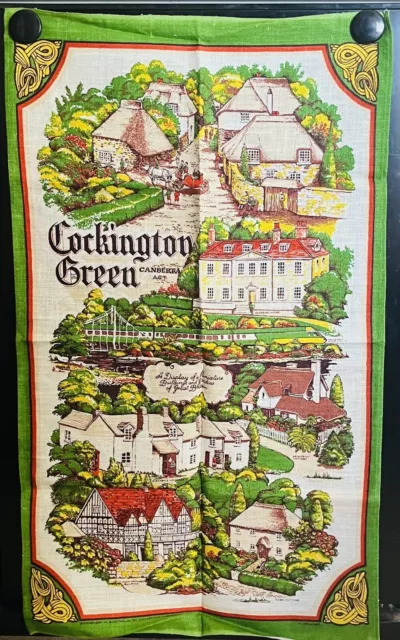 Vintage Retro Souvenir Tea Towel Cockington Green Canberra ACT PURE LINEN Unused