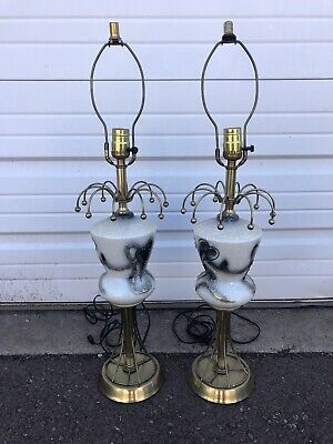 Pair Of Vintage Mid Century Modern Table Lamps Atomic Black White Gold MCM Retro