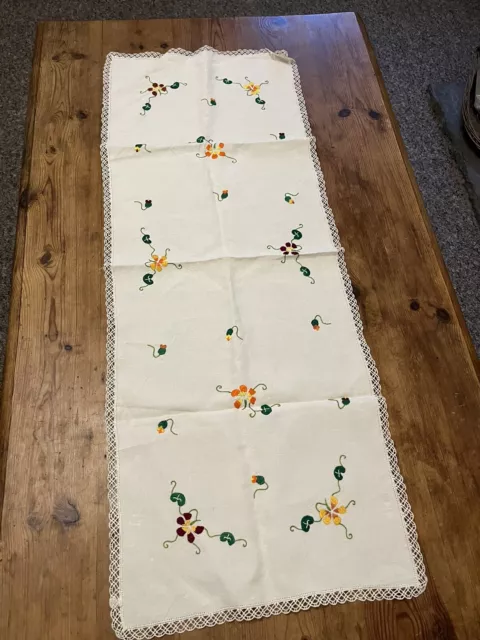 Vintage Hand Embroidered Linen Table Runner Flower Design