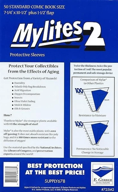 50 Pack E Gerber Mylites 2 Mylar Comic Bags Standard Size 7-1/4" x 10-1/2" 725M2