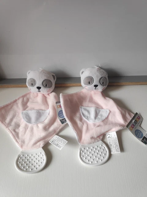 Doudou plat panda blanc gris rose anneau lot Tom et Zoé Babou neuf + cadeau