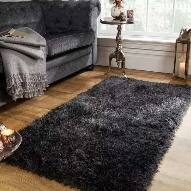 Sienna Shaggy Floor Rug Large Plain Soft Sparkle Carpet Thick 5cm Pile Charcoal