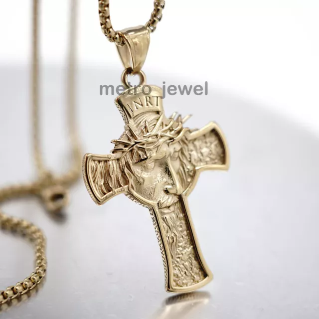 Mens Gold Jesus Face Crucifix Cross Pendant Necklace For Men Stainless Steel