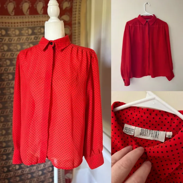 womens vintage 80s Josephine button up Polka Dot Red sheer blouse Large