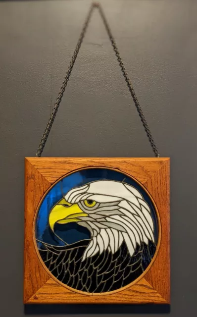 Vintage Stained Glass American Bald Eagle in Wood Frame with Hanging Chain