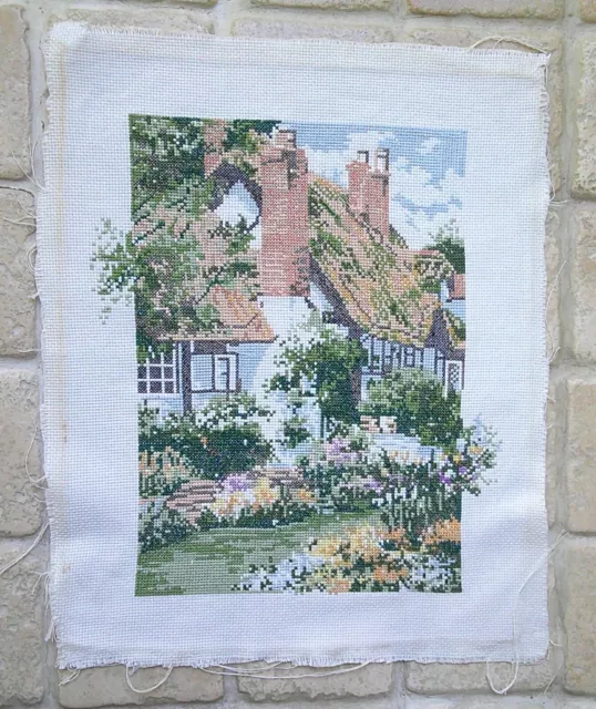 Vintage Finished Cross Stitch Panel, 11. X 10"Cottage & Garden.