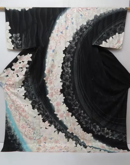 1613i02z890 Japanese Kimono Silk HITOE HOUMONGI Black Flower