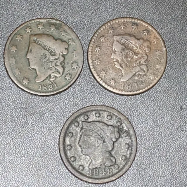 Lot Of 3 Large Cents  1818, 1831, & 1848