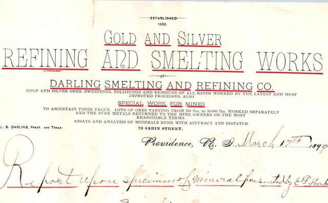 Darling Smelting & Refining Co Providence RI letterhead written receipt 1899