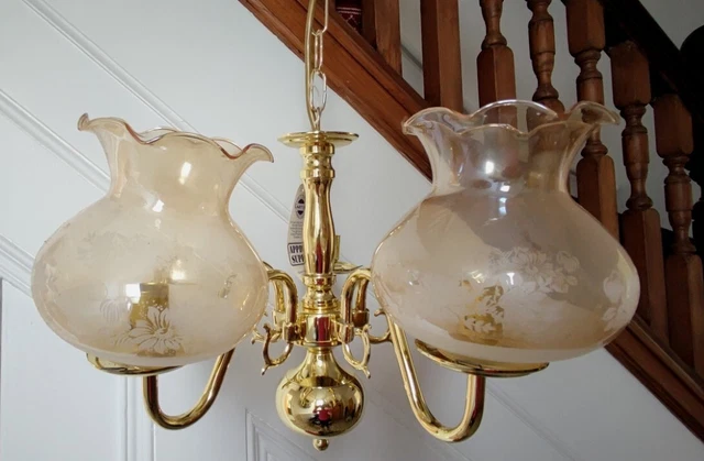 Vintage 5 Arm Messing Kronleuchter Pendelleuchte mit geätztem Glas Bernstein Lampenschirme