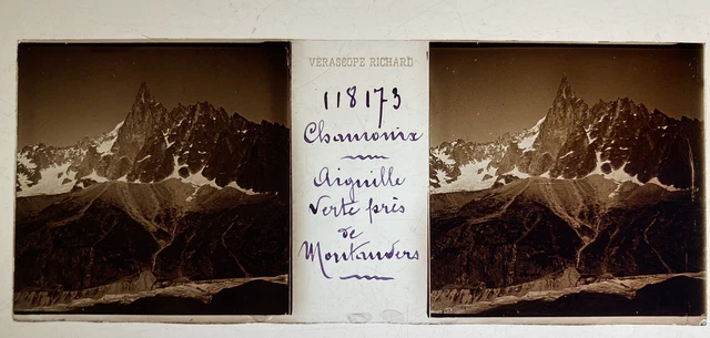 CHAMONIX AUGUILLE VERT PLAQUE VERRE 45x107 VUE STEREOSCOPIQUE VERASCOPE RICHARD