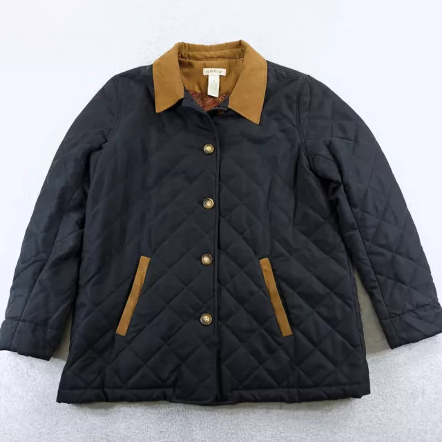 Orvis Jacket Womens Medium Black Quilted Brown Trims Button Front Coat Lined