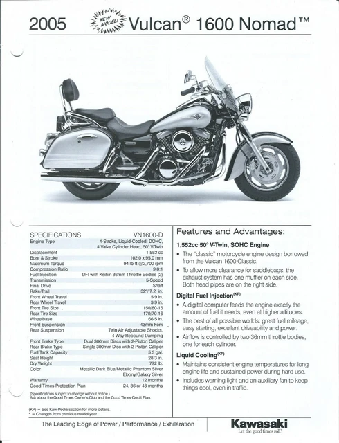 MOTORCYCLE DATA SHEET - Kawasaki - Vulcan 1600 Nomad - 2005 (DC734) $13 ...