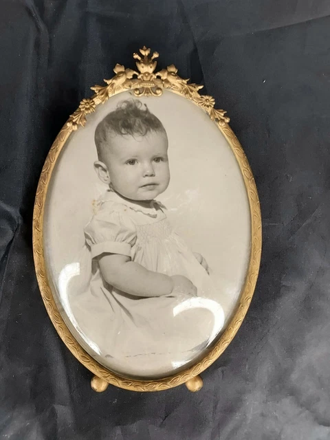 Antique Bubble Glass Brass Frame Portrait Child Baby Picture Photo 4'x6'