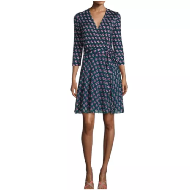 Diane von Furtstenberg DVF Silk Irina Zen Flora Navy Floral Wrap Dress Size 6