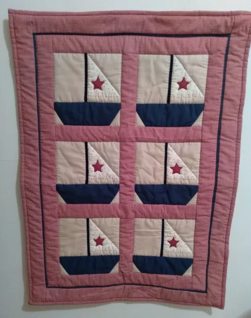 Nautical Patriotic Sail Boats Red White Blue w beige w Stars Hand Made Quilt