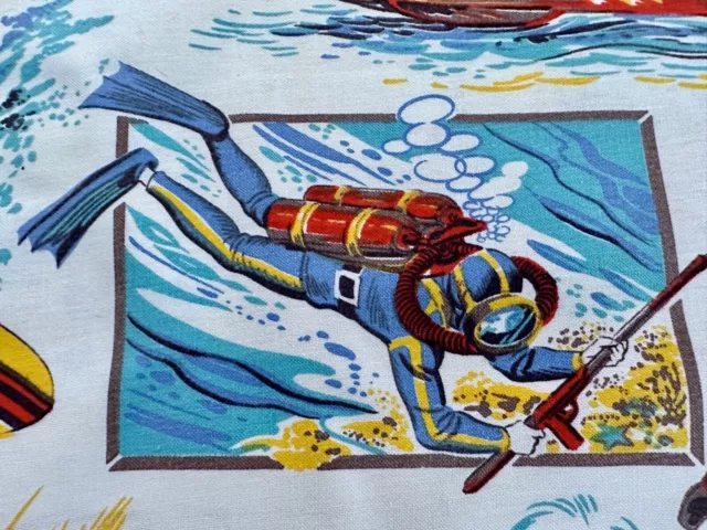 OCEANIC Adventures of the 1950's 60's SCUBA SURFER Barkcloth Era Vintage Fabric