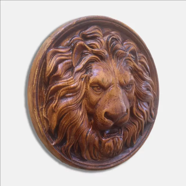 Lion Head wood Carved sculpture wooden Wall hanging decor art Plaque 100%Natural 3