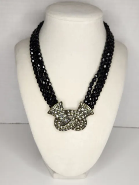 Vintage Heidi Daus Black Faceted Glass Bead Necklace, Rhinestone  Lovers Knot