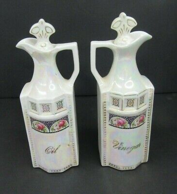 VTG Art Nouveau L & R Luster Vinegar & Oil Porcelain Bottles Germany