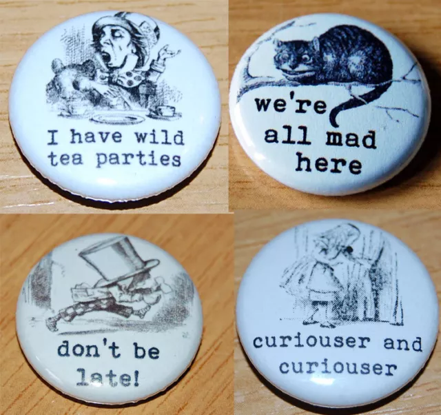 ALICE IN WONDERLAND "TEA PARTY" 4x 25MM BADGE SET CUTE RETRO VINTAGE KITSCH