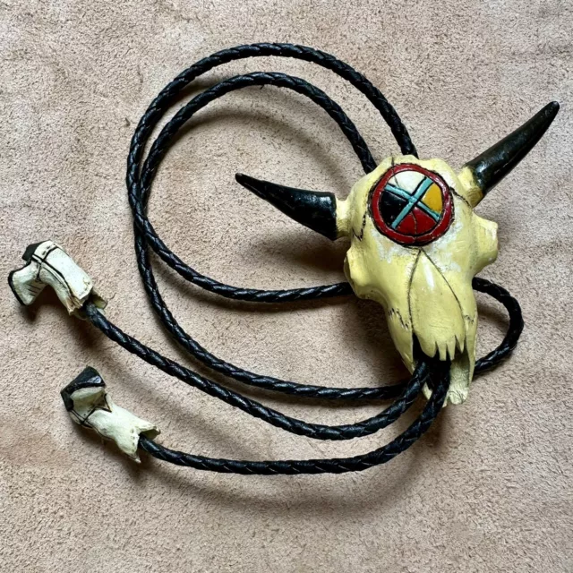 Stunning Hand Carved And Painted Vintage Original Steer Skull Western Bolo Tie