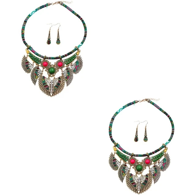 2 Sets Bohemian Necklace Earrings Ethnic Style Beaded Jewelry Rhinestone