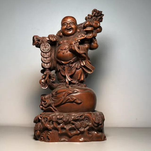 Boxwood Carved Wooden Laughing Buddha Statue Vintage Wood Figurine Decor Praying