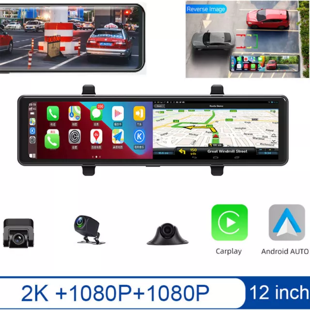 12" WIFI HD 1080P Carplay Android Auto Car Mirror Rear Camera Dash Cam Monitor