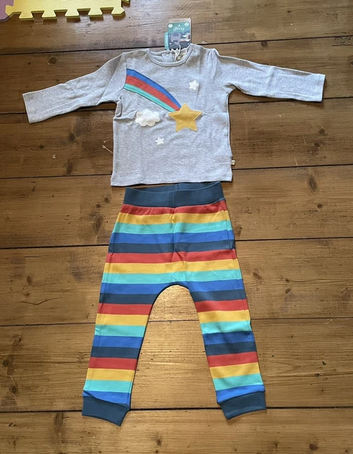 Abito biologico Frugi nuovo con etichette Oscar jogger arcobaleno e top bambini 12-18 mesi