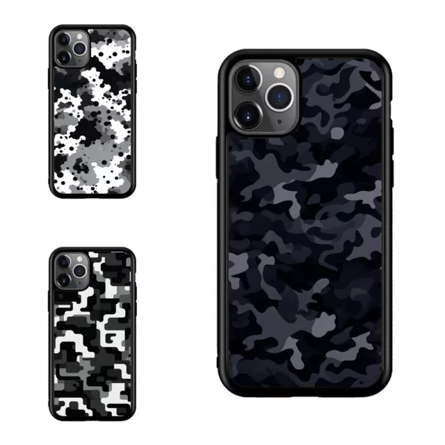 For iPhone 14 15 Pro X XS Max Plus Black Military Camo Pattern Charm Case