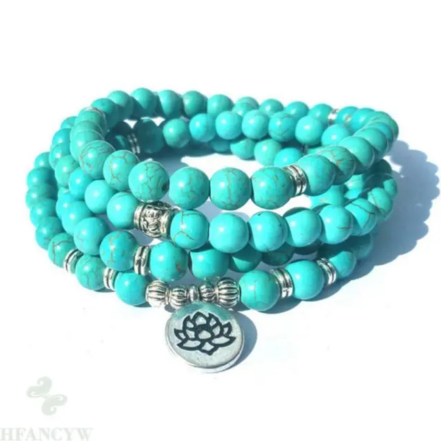 6mm Turquoise 108 Beads Lotus Pendant mala Bracelet Ruyi Handmade Meditation